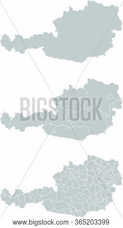 Three Detailed Vector Maps Of Austrian Administrative Regions And Areas In Grey Color