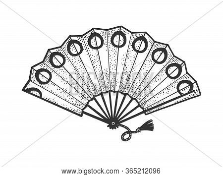 Japanese Hand Fan Sketch Engraving Vector Illustration. T-shirt Apparel Print Design. Scratch Board 