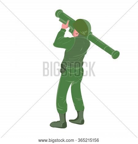 Military Soldier Holding And Aiming Rocket Launcher . War Zone Battle Sign Or Symbol. Heavy Weapon. 