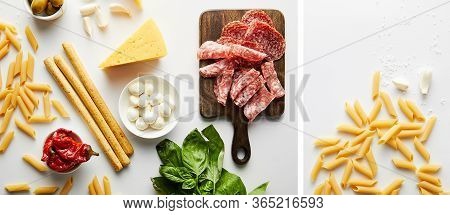 Collage Of Breadsticks, Meat Platter, Pasta And Ingredients On White Background, Panoramic Shot