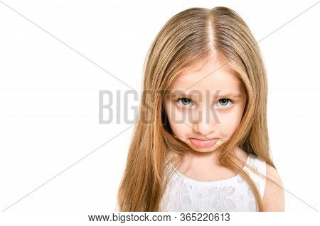 Portrait Of A Cute Funny Sad Girl Isolated On White Background