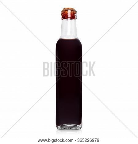 Glass Bottle Of Red Wine, Tincture, Alcohol Isolated On A White Background With Shadow And Reflectio