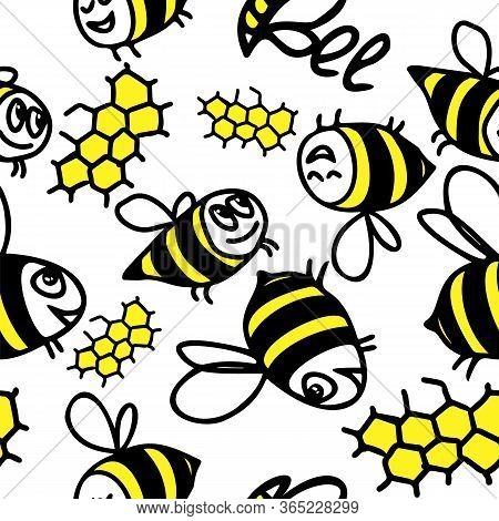 Cute Funny Doodle Bees Seamless Pattern.stock Vector Illustration Isolated On White Background. Can 