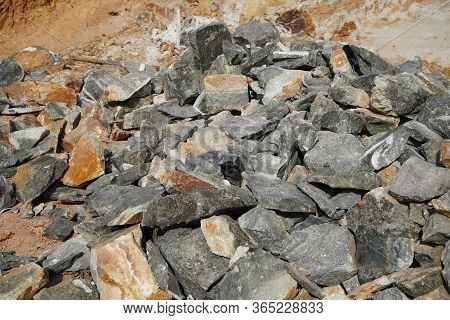 Pile Of Rocks I.e. Lithium Mining And Natural Resources Like Limestone Mining In Quarry. Natural Zeo