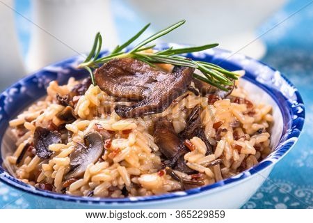 Risotto or cooked rice with mushrooms and vegetables