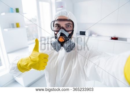 Close Up Photo Of Confident Worker Cleaner In Anti Covid19 Chemical Hazmat Suit Make Selfie Show Thu