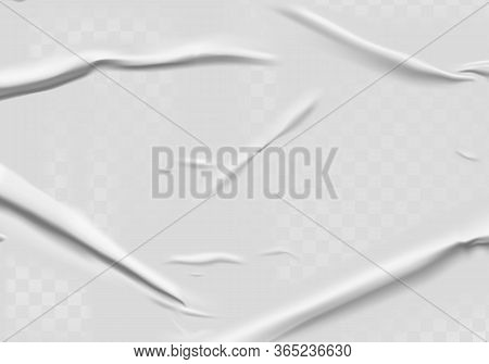 Glued Paper With Wet Transparent Wrinkled Effect On Gray Background. White Wet Paper Poster Template
