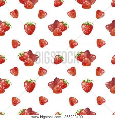 Summer Seamless Pattern With Fresh Strawberries On White Background. Vector Design.