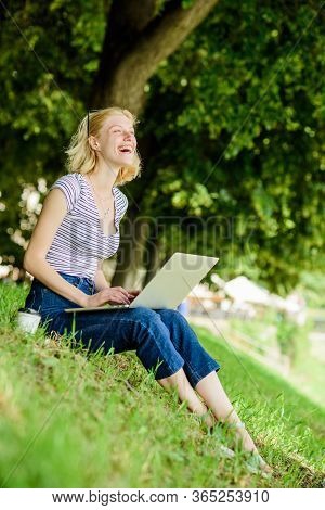 Why Employees Need To Work Outdoors. Girl Laptop Outdoors. Being Outdoors Exposes Workers To Fresher
