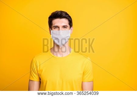 Close-up Portrait Of His He Nice Cheerful Guy Stay Home Covid-19 Self-isolation Wear Fabric Mask Tsh
