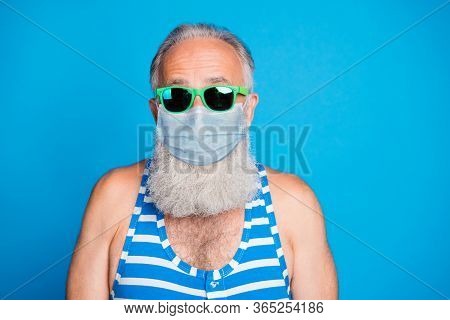 Closeup Portrait Of Attractive Funky Glad Gray Haired Old Man Spend Leisure Pool Party In Spite Of Q
