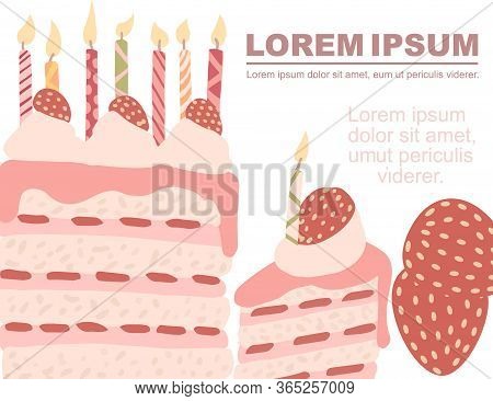 Advertising Flyer Design Piece Of Cake With Strawberry And Birthday Candles Flat Vector Illustration