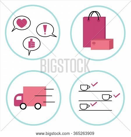 Icons For Online Store With Delivery, Availability, Order And Reviews. The Truck With The Package, C