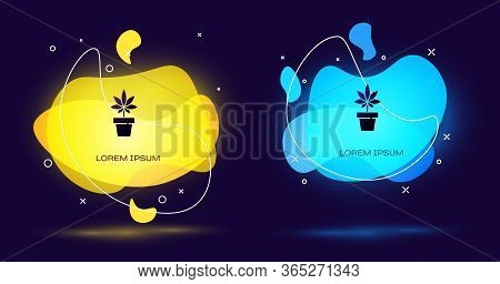 Black Medical Marijuana Or Cannabis Plant In Pot Icon Isolated On Black Background. Marijuana Growin