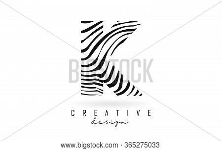 Black And White Zebra K Letter Logo Design. Creative K Vector Illustration With Lines.