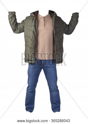 Hakki Jacket With Zipper, Beige Shirt And Blue Jeans Isolated On White Background. Casual Fashion Cl