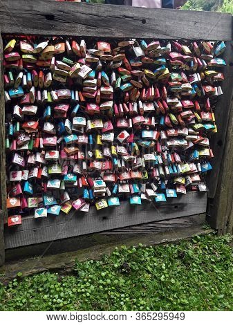 Lembang, Bandung, Jawa Barat, Indonesia - December 11, 2016 : A Collection Of Padlocks In The Wood. 