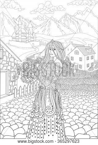 Coloring Book For Adults With Beautiful Medieval Princess Dressed In Historical Outfit Stading In Th