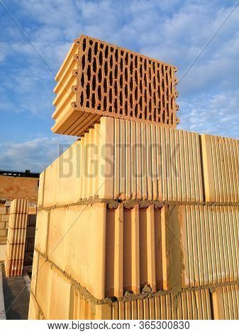 Ceramic Building Block Close Up In Front Of Blue Sky