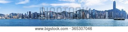 Hong Kong - April 30 2020 : Panorama Of Hong Kong Skyline Across Victoria Harbor
