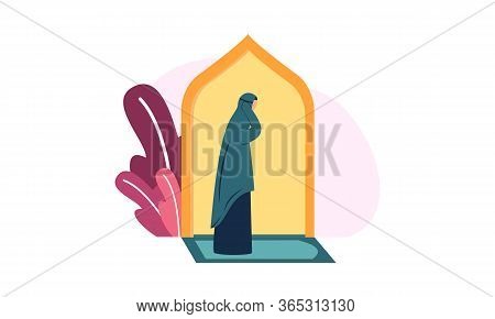 Muslim Woman Practicing Shalat, Islamic Prayer Shalat Illustration