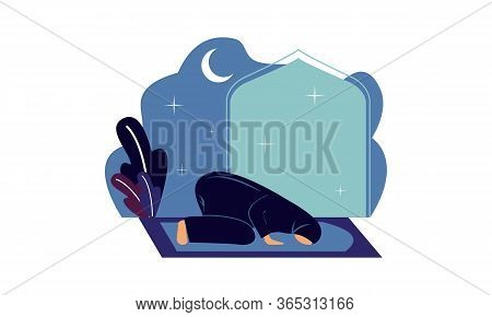 Muslim Woman Practicing Shalat, Islamic Prayer Shalat Illustration