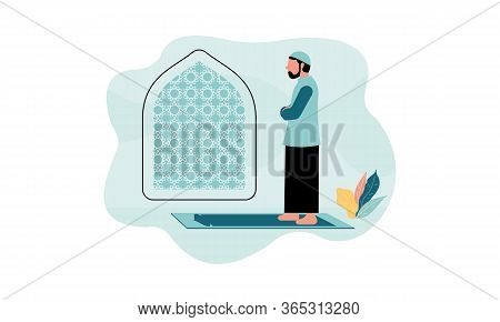 Muslim Man Practicing Shalat, Islamic Prayer Shalat Illustration