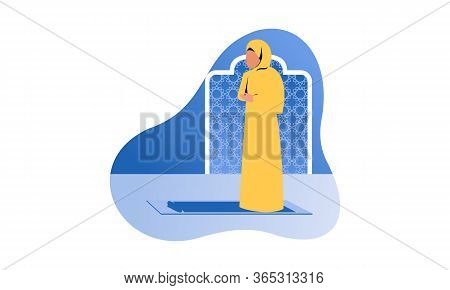 Muslim Woman Practicing Shalat, Islamic Prayer Shalat Illustration