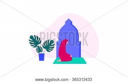 Muslim Woman Practicing Shalat, Islamic Prayer Shalat Illustration