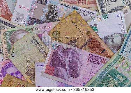 Multicurrency Background Of Us Dollars, Russian Rubles, Belarusian Rubles, Egyptian Pounds And Ukrai