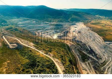 Helicopter Shoot Of The Stone Quarry On The Sunny Summer Morning.