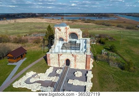 Veliky Novgorod, Russia - April 25, 2020: Preserved Ruins Of The Annunciation Church Sunny April Day