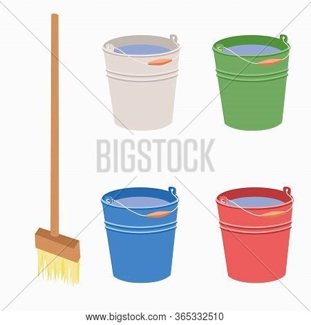 Multi-colored Iron Buckets With Handles Filled With Water And A Wooden Mop Set. Equipment For Cleani