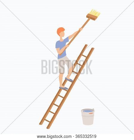A Young Redhaired Man Is Standing On A Ladder With A Large Brush Or Mop In His Hands. The Guy Paints