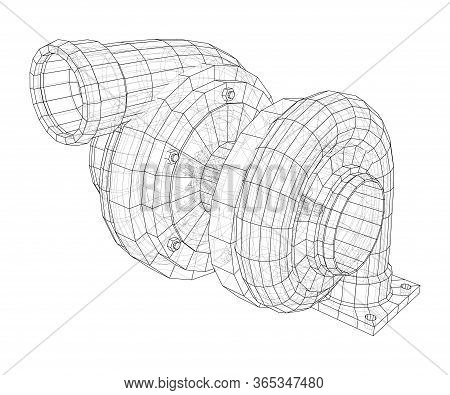 Automobile Turbocharger Concept Outline. Vector Rendering Of 3d. Wire-frame Style. The Layers Of Vis