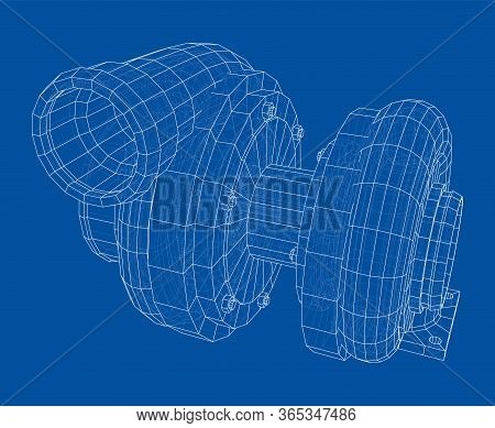 Automobile Turbocharger Concept Outline. Vector Rendering Of 3d. Wire-frame Style. The Layers Of Vis