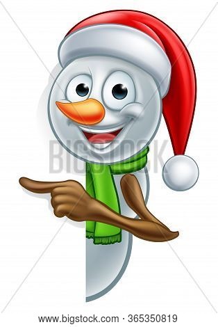 A Happy Christmas Peeking Snowman Cartoon Character Pointing