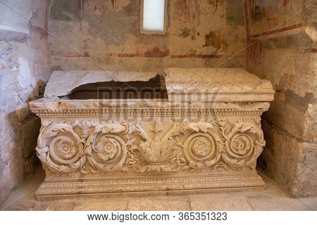 Demre, Antalya, Turkey - June 03, 2019: Sarcophagus In The Church Of St. Nicholas The Wonderworker. 