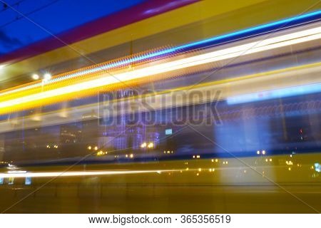 Tramway Light Track At Night In Warsaw