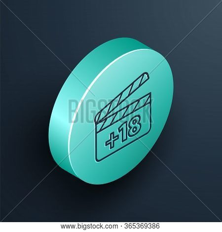 Isometric Line Movie Clapper With 18 Plus Content Icon Isolated On Black Background. Age Restriction