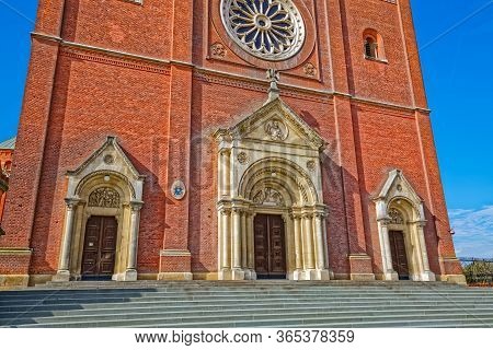 The Cathedral Of St. Peter Main Entrance On A Sunny Day In Djakovo Croatia.