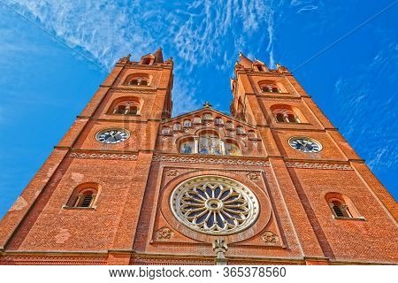The Cathedral Of St. Peter Bell Towers On A Sunny Day In Djakovo Croatia.