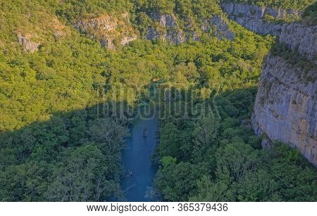 Aerial View Of The Krka River Canyon Located In Promina County At Dalmatian Zagora In Croatian Natio