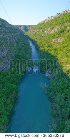 Aerial View Of The Canyon Of Waterfall Located In Promina County In Croatian National Park Krka.