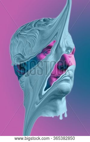 Collage With Plaster Antique Sculpture Of Human Face In A Pop Art Style. Creative Concept Colorful N