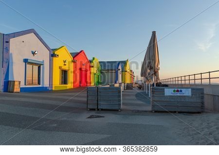 Prestatyn, Uk : Jul 2, 2019: A General Scene Of The Promenade At Prestatyn With Colourful Kiosks And