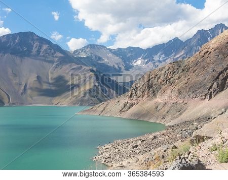 Mountains And Peaks Landscape. Lake Of Yeso. Cajon Del Maipo. Santiago Of Chile