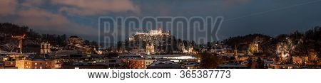 Panoramic Night View Of Festung Hohensalzburg And Salzburg Cathe