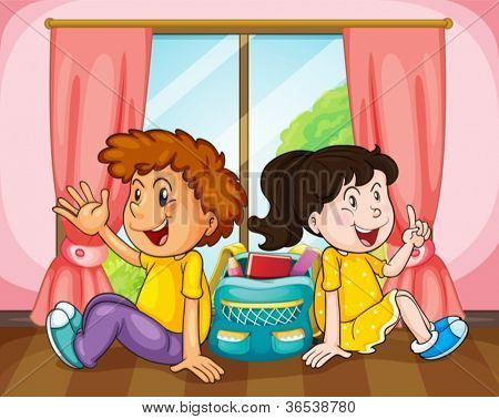 illustration d'un garçon et une fille dans la salle près de fenêtre