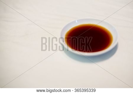 Japan Soy Sauce, Soyu In White Bowl. Color Of Food, Fill Up Tasty Concept.sauce For Japanese Food, S